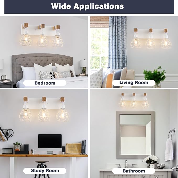 maesta 3 Light Bathroom Vanity Light, Farmhouse White Fixture Over Mirror | Farmhouse Bathroom Light Fixtures, Wood & Metal, Anti-Rust Easy to Install for Rustic Bathroom Hallway