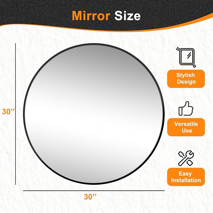 30 Inch Black Round Circle Mirror for Bathroom Wall, Metal Frame | HD tempered glass for clear, distortion-free reflection. Mounting hardware included for vertical or horizontal wall mount.