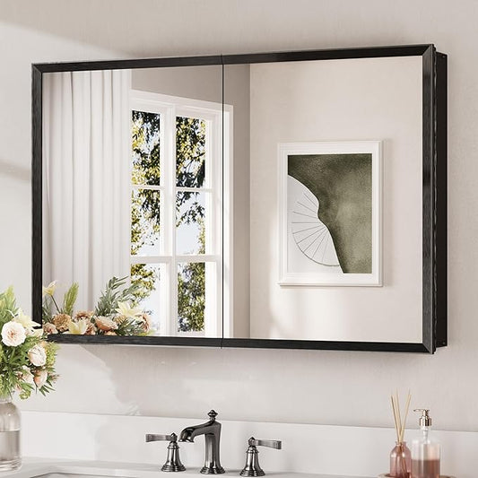 Keonjinn Black Medicine Cabinet Mirror 36" x 24", Assembly Needed, Mirrored Medicine Cabinets for Bathroom, Bevel-Edged Frame, Stepless Adjustable Shelves, Wall-Mounted or Recessed, Tempered Glass