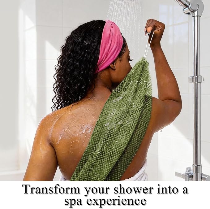 Authentic African Net Sponge, 4 Pack 45-Inch Exfoliating Bath Sponge and Shower Loofah for Body and Back, Colorfast Quick-Dry Knotted Mesh Scrubber with Travel Pouch