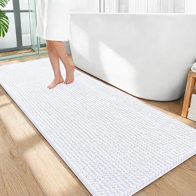 OLANLY Thick Chenille Bathroom Runner Rugs 59x24, Absorbent Bath Mat, White | Soft Bath Rugs, Rubber Backing, Machine Wash Dry, Bath Mats for Bathroom, Tub and Shower, Home Decor Accessories