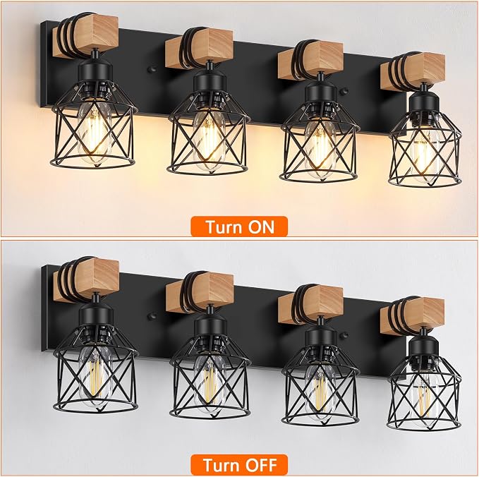 FadimiKoo 4-Light Bathroom Vanity Light Fixtures, Black Bathroom Lighting | Rustic Wood & Black Metal Shade, Wood Bathroom Lighting Fixtures Over Mirror, Wall Sconces for Bathroom Bedroom Living Room