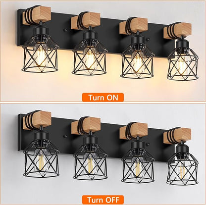 FadimiKoo 4-Light Bathroom Vanity Light Fixtures, Black Bathroom Lighting | Rustic Wood & Black Metal Shade, Wood Bathroom Lighting Fixtures Over Mirror, Wall Sconces for Bathroom Bedroom Living Room