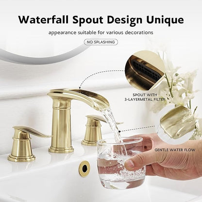 BWE Waterfall Bathroom Faucet, Brushed Gold 8 Inch Widespread Bathroom Sink Faucet Two-Handle with Pop-up Drain, for Vanity, Lavatory Sink