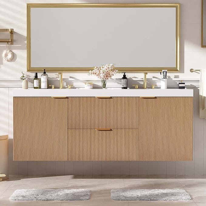Merax 60 inch Bathroom Vanity with Double Sink, Floating Bathroom Vanities with SMC Resin Top, Painted MDF Cabinet with Solid Wood Frame, Wall-Mounted Modern Storage Vanity for Large Bathrooms