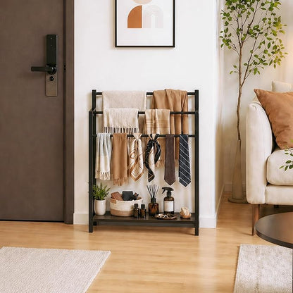 24.8" W Freestanding Towel Rack with Black Wood Shelf | 3 Tier Blanket Ladder Stand for Bathroom Living Room, Metal Frame