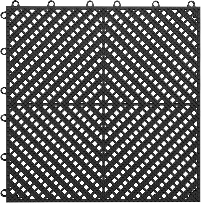 36-Pcs Interlocking Tile, Indoor/Outdoor Drainage Interlocking Floor Tiles 11.8" x 11.8", Anti-Slip Waterproof Soft PVC Splicing Flooring Tile for Garage Patio Pool Bathroom, Black