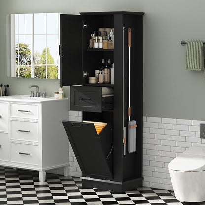 Merax 68" Bathroom Storage Cabinet with One Door, One Drawer and Laundry Hamper, Left or Right Orientation Available, Adjustable Shelf, Black