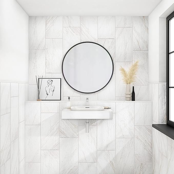 Daltile Perpetuo 12" x 24" Marble Look Ceramic Wave Wall Tile in Satin Timeless White for Kitchen Backsplashes, Living Room or Bathroom Walls (8 PC Per Carton) (15.52 SQFT Per Carton)