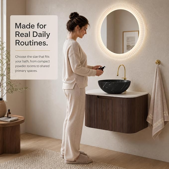 24 Inch Bathroom Vanity with Sink, Floating Wall Mounted Single Sink Vanity for Small Baths, Dark Walnut Curved Fluted Front, Stone Top, Black Marble Vessel Basin, Pre-Assembled