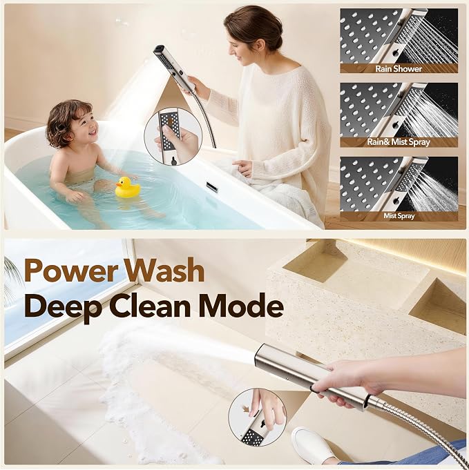 JDO High Pressure Rain Shower Head with Handheld Spray Brushed Nickel | 7 Modes Dual Shower Head, 10-inch Rainfall Showerheads Combo, Detachable Hand Held Shower Wand, Power Jets, 71" Shower Hose