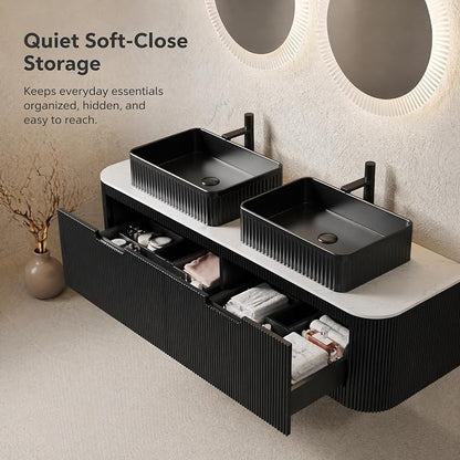 60 Inch Double Sink Bathroom Vanity, Floating Wall Mounted Cabinet, Black Curved Fluted Front, Stone Top, Dual Black Textured Rectangular Vessel Basins, Pre-Assembled