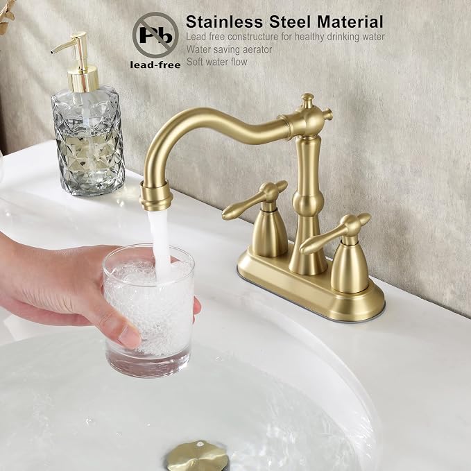 Brushed Gold Bathroom Faucet, Stainless Steel 4 inch Centerset Bathroom Faucet with Drain and Supply Hose, 2 Hole Gold Faucet for Bathroom Sink