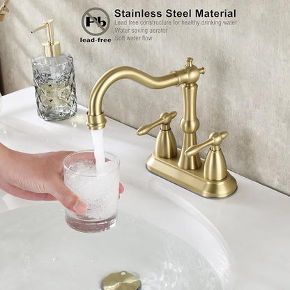 Brushed Gold Bathroom Faucet, Stainless Steel 4 inch Centerset Bathroom Faucet with Drain and Supply Hose, 2 Hole Gold Faucet for Bathroom Sink