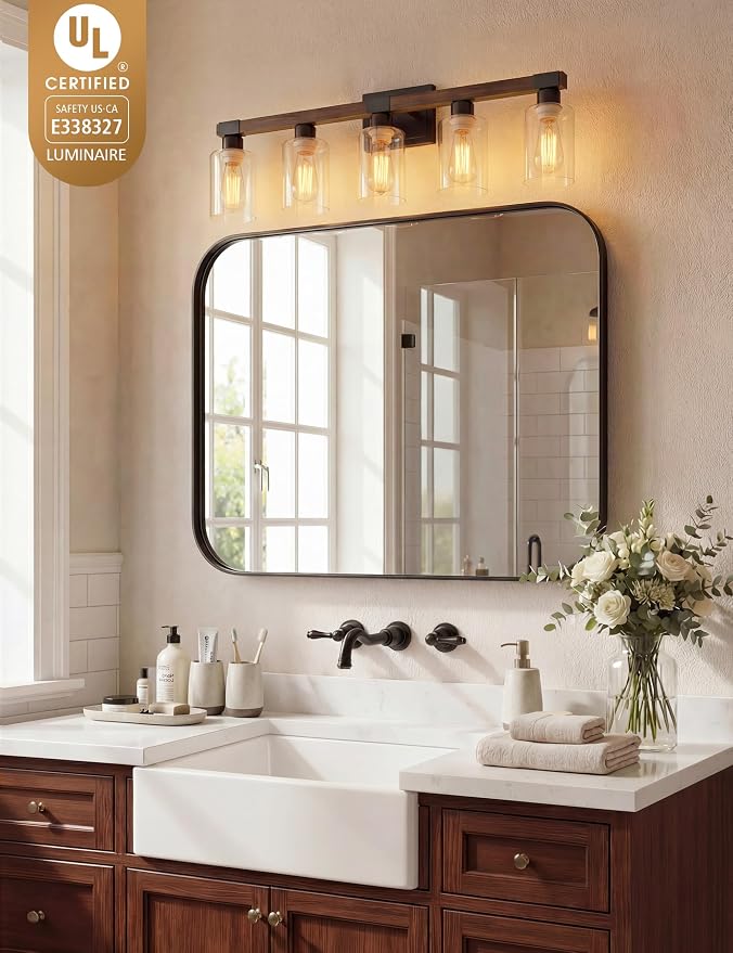 VOLISUN Farmhouse Bathroom Vanity Light Fixtures, 5 Light,UL Certificated | 5 Light Bathroom Vanity Lights Over Mirror, Rustic Vanity Light for Bathrooms,Wood Bathrooms Lights Fixtures Over Mirror