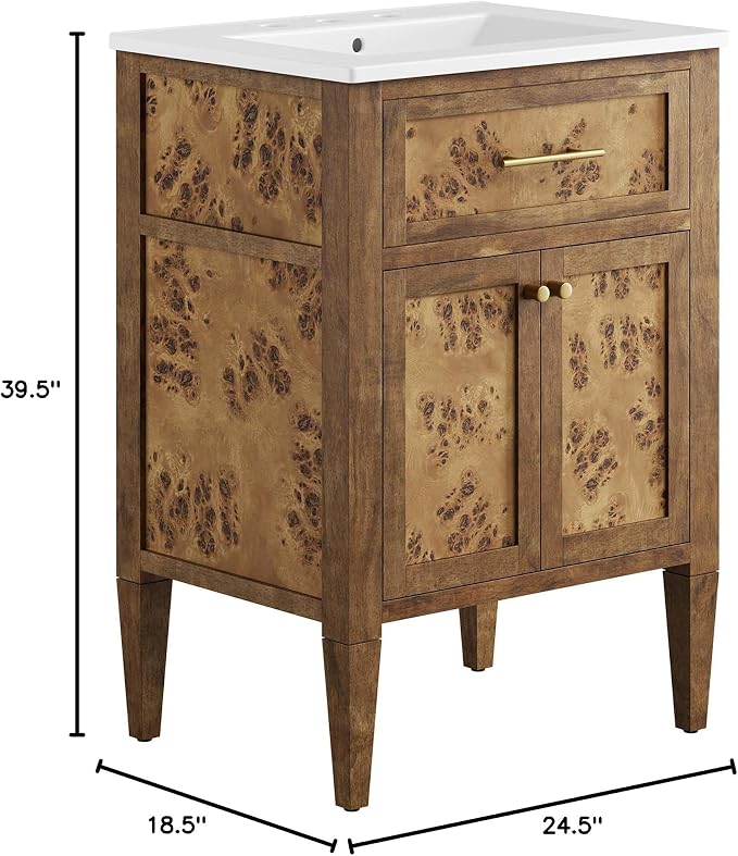 Modway Elysian 24" Burl Wood Bathroom Vanity in White Brown with Ceramic Sink Basin