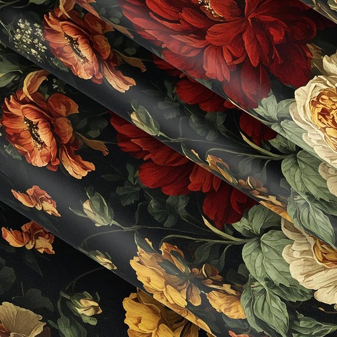 Vintage Dark Floral Shower Curtain for Bathroom, Moody Black Boho Botanical Flower Design Retro Farmhouse Fabric Bath Curtain with 12 Hooks, 72W x 78L Inches