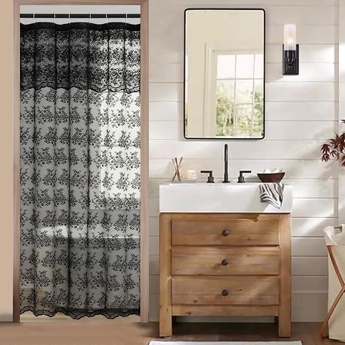 TUDECO Black Lace Shower Curtain for Small Bathroom, 36''W x 72''L | Half Size, Gothic Bathroom Decor, Delicate Floral, Attached Valance, Scalloped Edges, Semi- Privacy