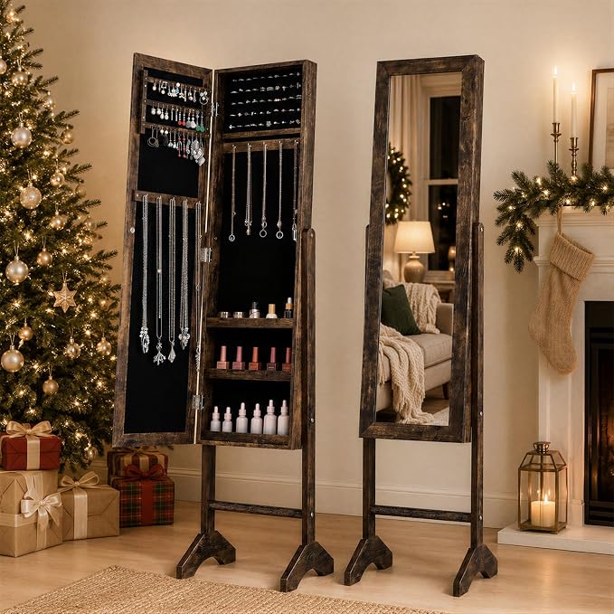Giantex Jewelry Armoire with Full Length Mirror, Freestanding Jewelry Organizer Cabinet with Ring Slots, Earring Holders, Necklace Hooks & Storage Shelves for Bedroom (Rustic Brown)