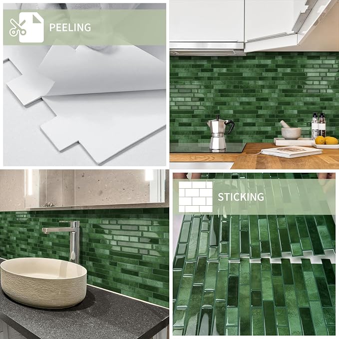 10 Sheets Thick Peel and Stick Kitchen Backsplash Tiles | 3D Waterproof Self Adhesive Wall Tile Stick on Backsplash for Kitchen,Bathroom and Fireplace(Green,12"×12")