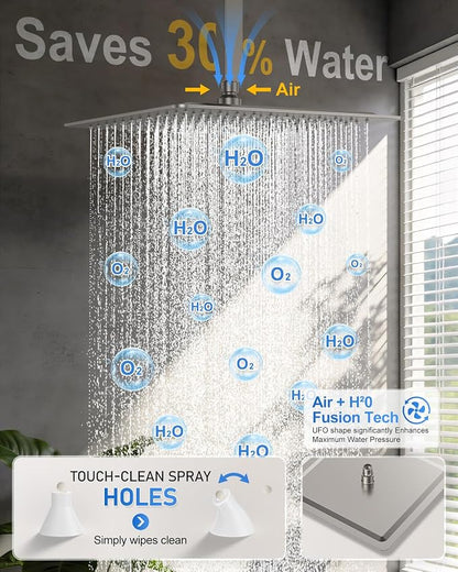 Woindo 4 Function Shower Faucet Set 12" Rain Shower Head/6'' Side Shower Head and 3 Setting Handheld Ceiling Mount Push Button Diverter Complete Rainfall Round Shower System Included Valve Trim Kit