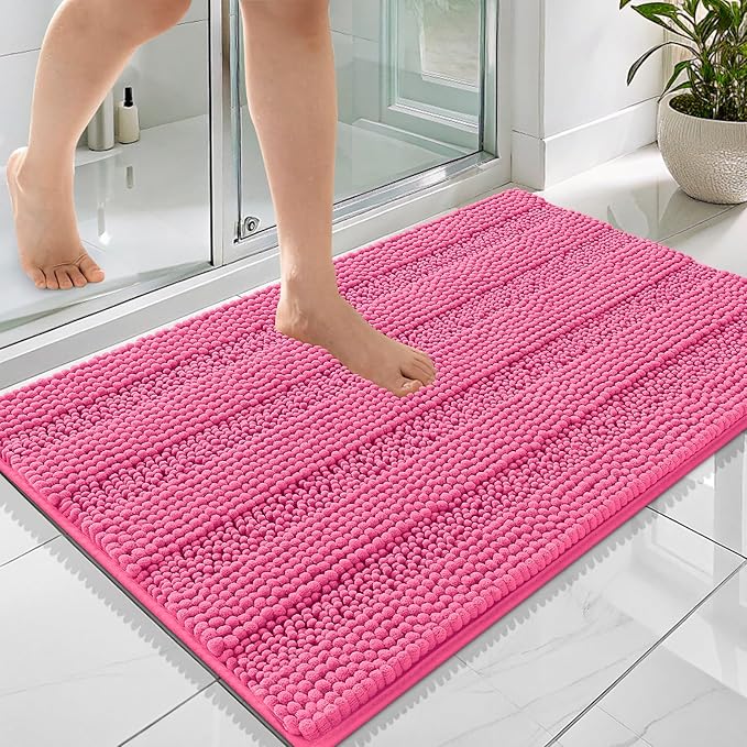 OLANLY Thick Bathroom Rugs 36x24, Soft Chenille Striped Bath Rugs, Hot Pink | Rubber Backing, Machine Wash, Extra Absorbent Bath Mats for Bathroom Floor, Tub and Shower, Home Decor Accessories