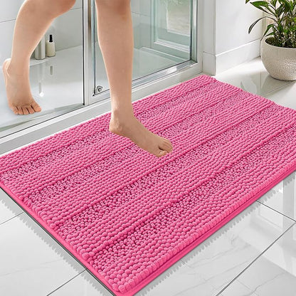OLANLY Thick Bathroom Rugs 36x24, Soft Chenille Striped Bath Rugs, Hot Pink | Rubber Backing, Machine Wash, Extra Absorbent Bath Mats for Bathroom Floor, Tub and Shower, Home Decor Accessories