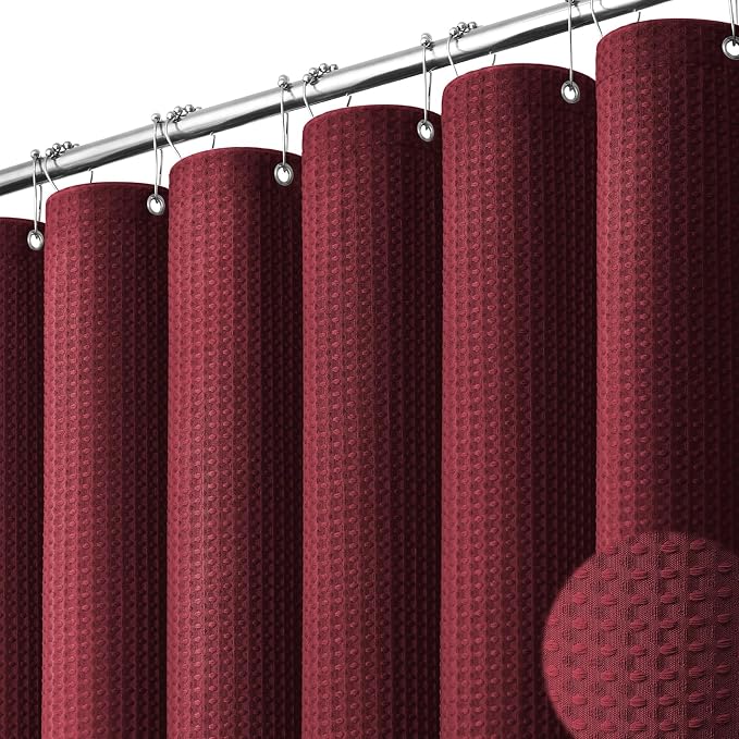 Extra Long Waffle Shower Curtain 256 GSM Fabric 72x96 Burgundy | 96 Inch Tall, Thick Cloth, Weighted Hem, Water Repellent, Hotel Luxury Polyester Shower Curtain Set for Bathroom 12 Hooks