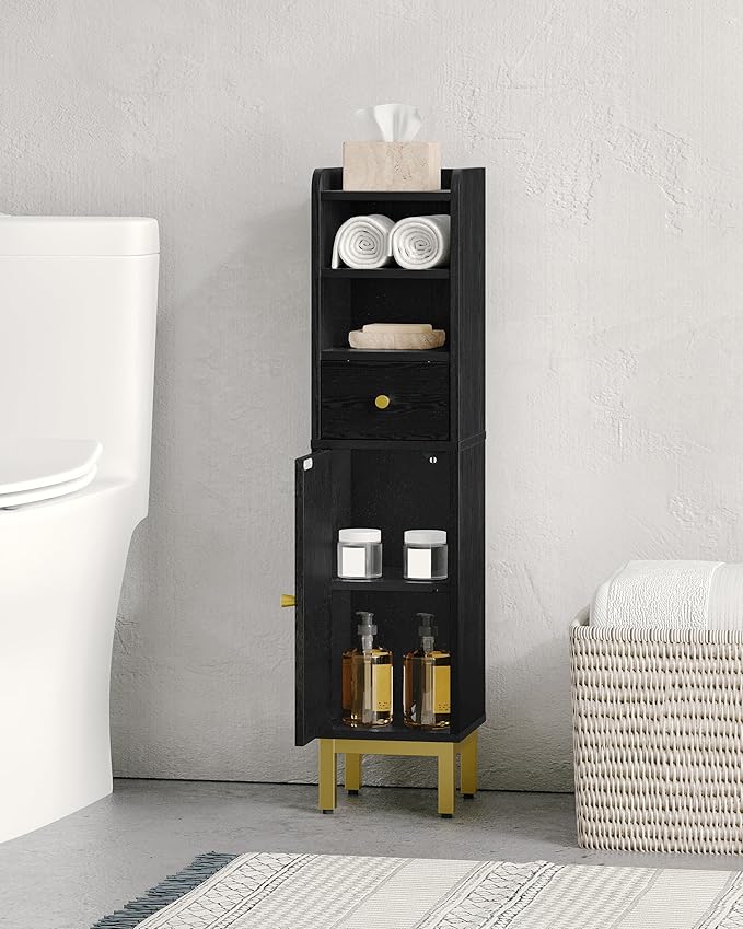 Bathroom Storage Cabinet, Corner Floor Cabinet with Drawers and Doors, Narrow Toilet Paper Holder, Bathroom Organizer with Adjustable Shelf, for Small Spaces, Black, BC19804GV1