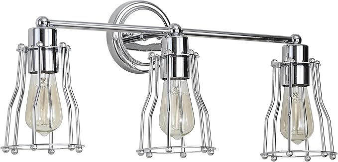 JONATHAN Y 24" Chrome Modern Industrial Metal Vanity Light, Bathroom Sconce for Mirror, Reversible 3-Light Wall Lamp with Metal Cage Shade for Hallway, LED Bulb Included (JYL7417A)