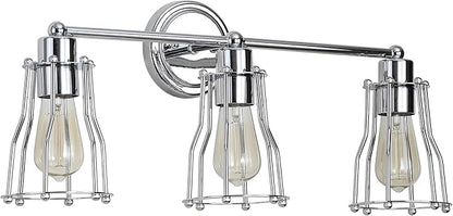 JONATHAN Y 24" Chrome Modern Industrial Metal Vanity Light, Bathroom Sconce for Mirror, Reversible 3-Light Wall Lamp with Metal Cage Shade for Hallway, LED Bulb Included (JYL7417A)