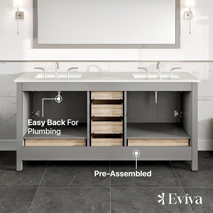 Aberdeen 72 in. Gray Double Sink Bath Vanity with Carrara Quartz Top and Undermount Porcelain Sinks