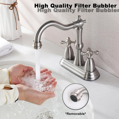 Brushed Nickel Bathroom Faucet, 4 Inch Antique Bathroom Faucet | with Pop up Drain, Stainless Steel, Cross Handles, 4 Inch Centerset