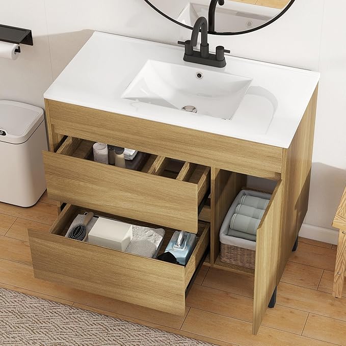YITAHOME 36 Inch Bathroom Vanity with Sink, Bathroom Cabinet Vanity for Media Space, Freestanding Storage Bathroom Vanity with 1 Soft Closing Cabinet & 2 Drawers