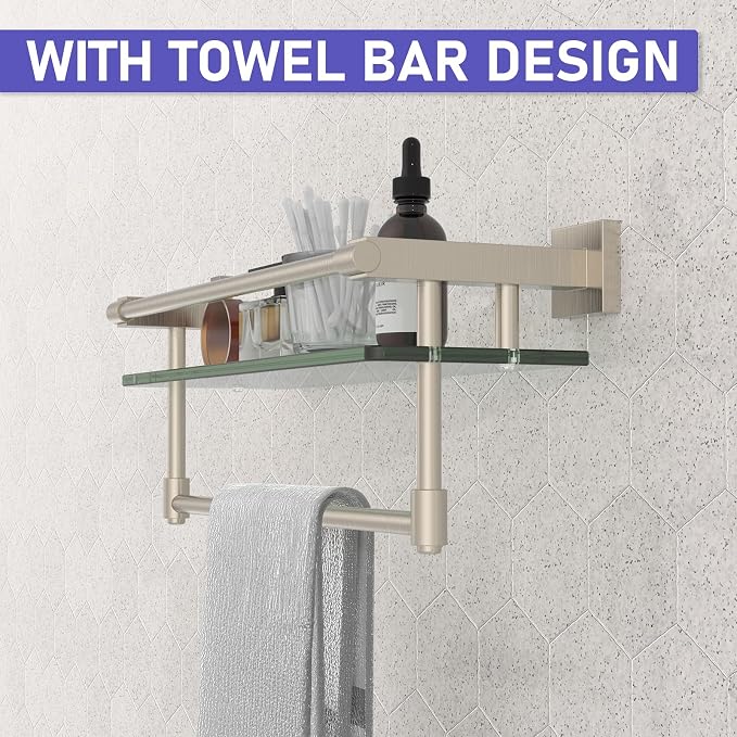 16-Inch Modern Glass Shelf with Towel Bar, 1-Shelf, Brushed Nickel Finish, Wall Mount, Bathroom Organizer