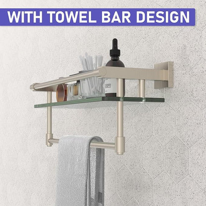 16-Inch Modern Glass Shelf with Towel Bar, 1-Shelf, Brushed Nickel Finish, Wall Mount, Bathroom Organizer