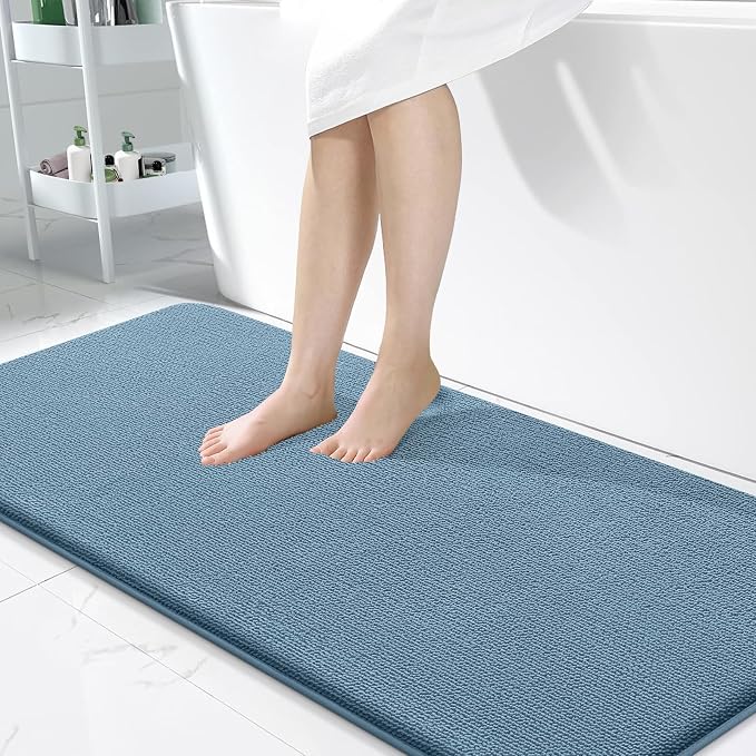 OLANLY Memory Foam Bathroom Runner Rug 50x30, Absorbent Long Mat, Airy Blue | Soft Quick Dry Bath Rugs, Non-Slip Carpet, Machine Washable Mat for Bathroom Floor, Tub and Shower, Home Decor Accessories