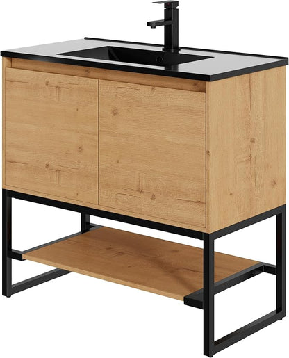 LUCKWIND 36" Modern Bathroom Vanity with Single Black Sink Combo, Freestanding Storage Cabinet with Metal Frame, Matte Black Faucet and Open Shelf and 2 Soft-Closing Door, Natural