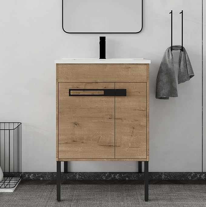 24 Inch Bathroom Vanity with Sink, 24'' Freestanding Vanity Cabinet with Ceramic Basin, 2 Soft-Closing Doors, Waterproof Plywood, Modern Storage for Small Bathroom, Apartment, 00324IMO+9060B