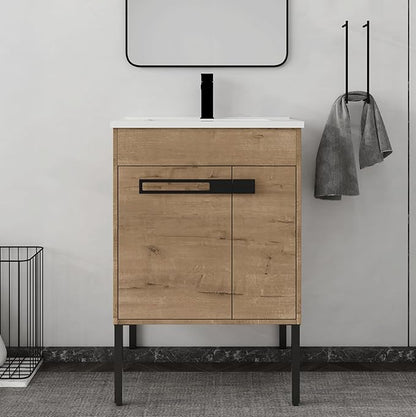 24 Inch Bathroom Vanity with Sink, 24'' Freestanding Vanity Cabinet with Ceramic Basin, 2 Soft-Closing Doors, Waterproof Plywood, Modern Storage for Small Bathroom, Apartment, 00324IMO+9060B