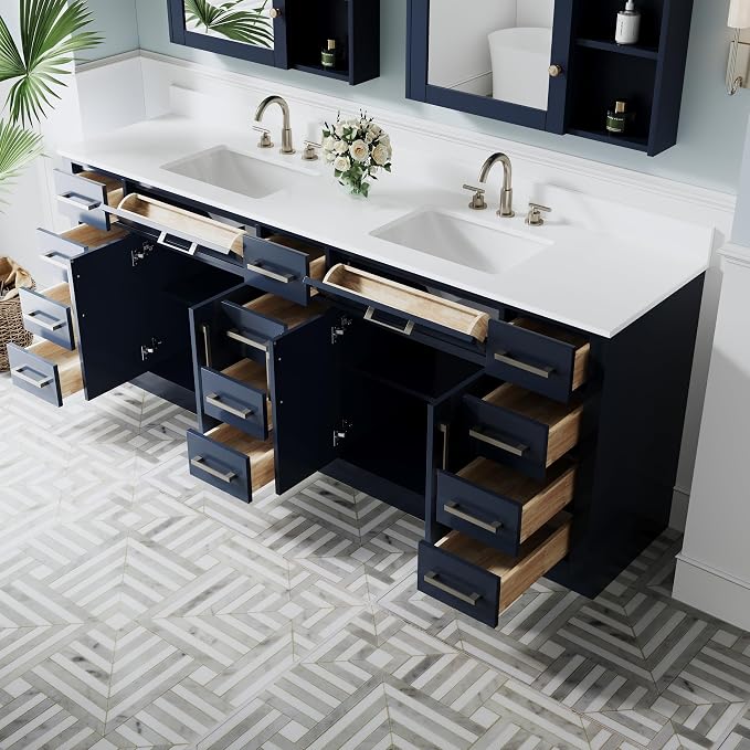 84-Inch Bathroom Vanity with Double Sinks W/ 4 Doors & 12 Drawers & 2 Flip Drawers, Navy Blue Vanity W/Brushed Nickel Handles