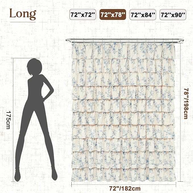 Yinhua Long Farmhouse Ruffle Shower Curtains with Blue Floral, 72" Wx78 L | French Country Vintage Rustic Washable Waterproof Shower Curtain for Bathroom Bathtub, 12 Metal Hooks