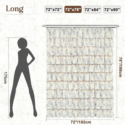 Yinhua Long Farmhouse Ruffle Shower Curtains with Blue Floral, 72" Wx78 L | French Country Vintage Rustic Washable Waterproof Shower Curtain for Bathroom Bathtub, 12 Metal Hooks