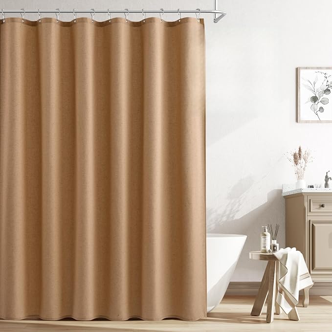 Camel Linen Shower Curtain, Country Boho Farmhouse Bath Decor Shower Curtains Neutral Cloth Weighted Textured Fabric Bath Curtain Liner with Hooks, 72x78