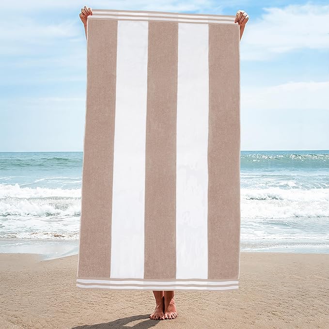 Superior Cotton Nautical Stripe Beach Towels, Colorful Towels for Adult, Kid, Pool, Swimming, Sand, Travel, Large Oversized, Absorbent, Fast Drying, Bath Basics, Cabana Collection, 1 Piece, Taupe