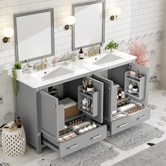 LZ LEISURE ZONE 60" Bathroom Vanity Set with Double Vanities (Separate), Double Ceramic Sinks, Storage Shelf, and Divided Drawers (Mirror not Included), Gray