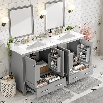 LZ LEISURE ZONE 60" Bathroom Vanity Set with Double Vanities (Separate), Double Ceramic Sinks, Storage Shelf, and Divided Drawers (Mirror not Included), Gray