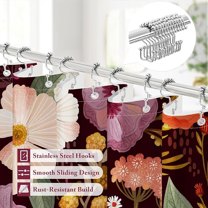 3 in 1 Boho Purple Shower Curtain Set with PEVA Liner & 12 Hooks, 72 x 72 | Boho Tropical Botanical Style, Farmhouse Floral Fabric, Modern Hotel Inspired, Water‑Repellent, Machine Washable