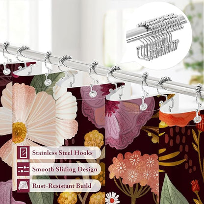 3 in 1 Boho Purple Shower Curtain Set with PEVA Liner & 12 Hooks, 36 x 72 | Boho Tropical Botanical Style, Farmhouse Floral Fabric, Modern Hotel Inspired, Water‑Repellent, Machine Washable