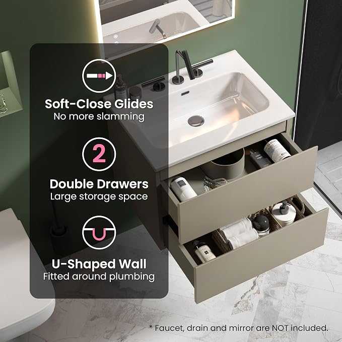 24" Bathroom Vanity with Sink, Modern Floating Vanity with Double Soft Closing Drawers, Large Storage for Small Space, Space Gray, Fully Assembled - Iris Collection